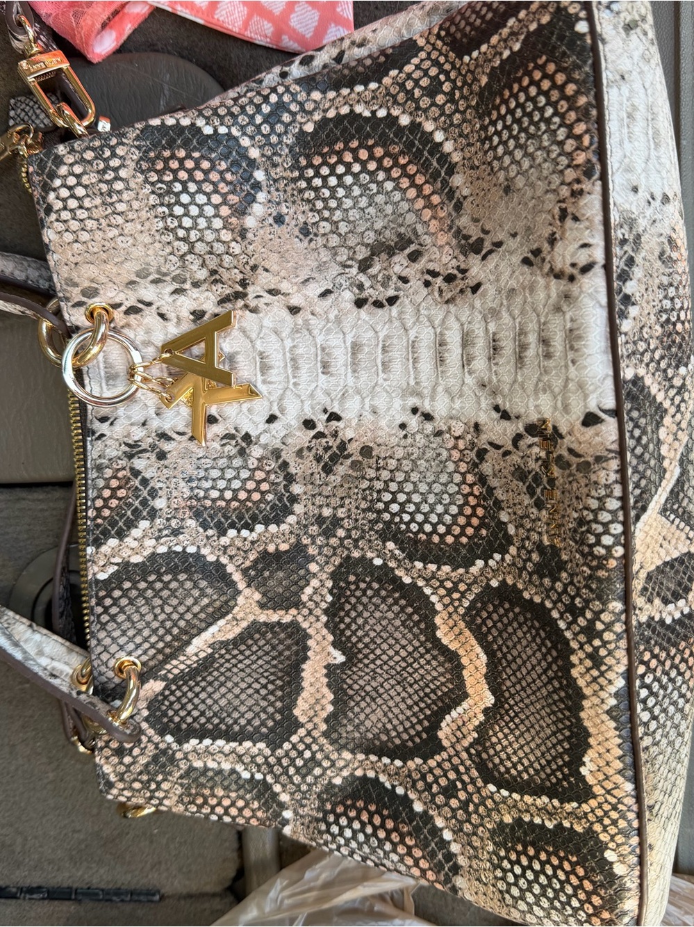 Anne Klein Snake-Print Shoulder Bag in Taupe, Black & Cream with Gold Charm